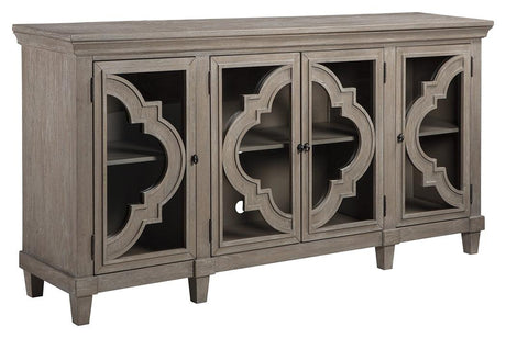 Side angle of Fossil Ridge Gray Accent Cabinet highlighting wood grain and hardware