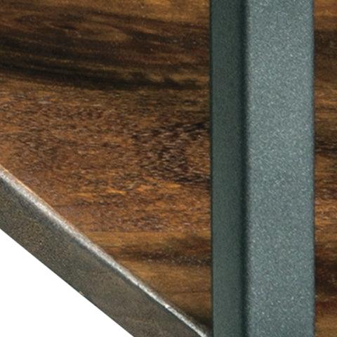 Close-up of Forestmin Accent Table natural wood finish and black metal details