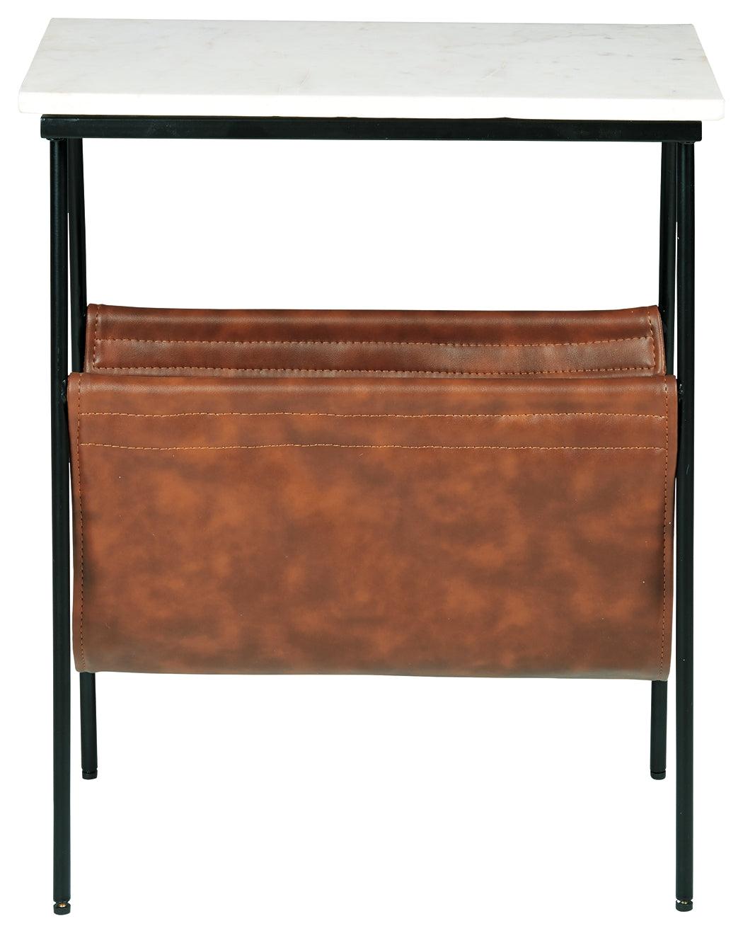 Etanbury Accent Table front view with marble top and metal legs