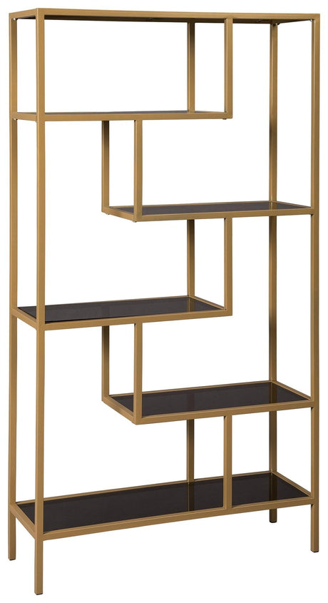 Frankwell goldtone metal and glass bookcase close-up on frame detail