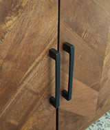 Close-up of chevron pattern and metal door pull