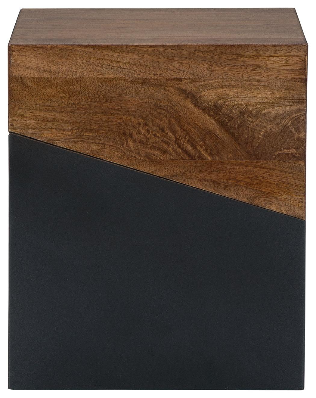 Trailbend accent table side view highlighting gunmetal legs