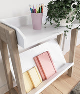Blariden white and tan small bookcase detailed close-up