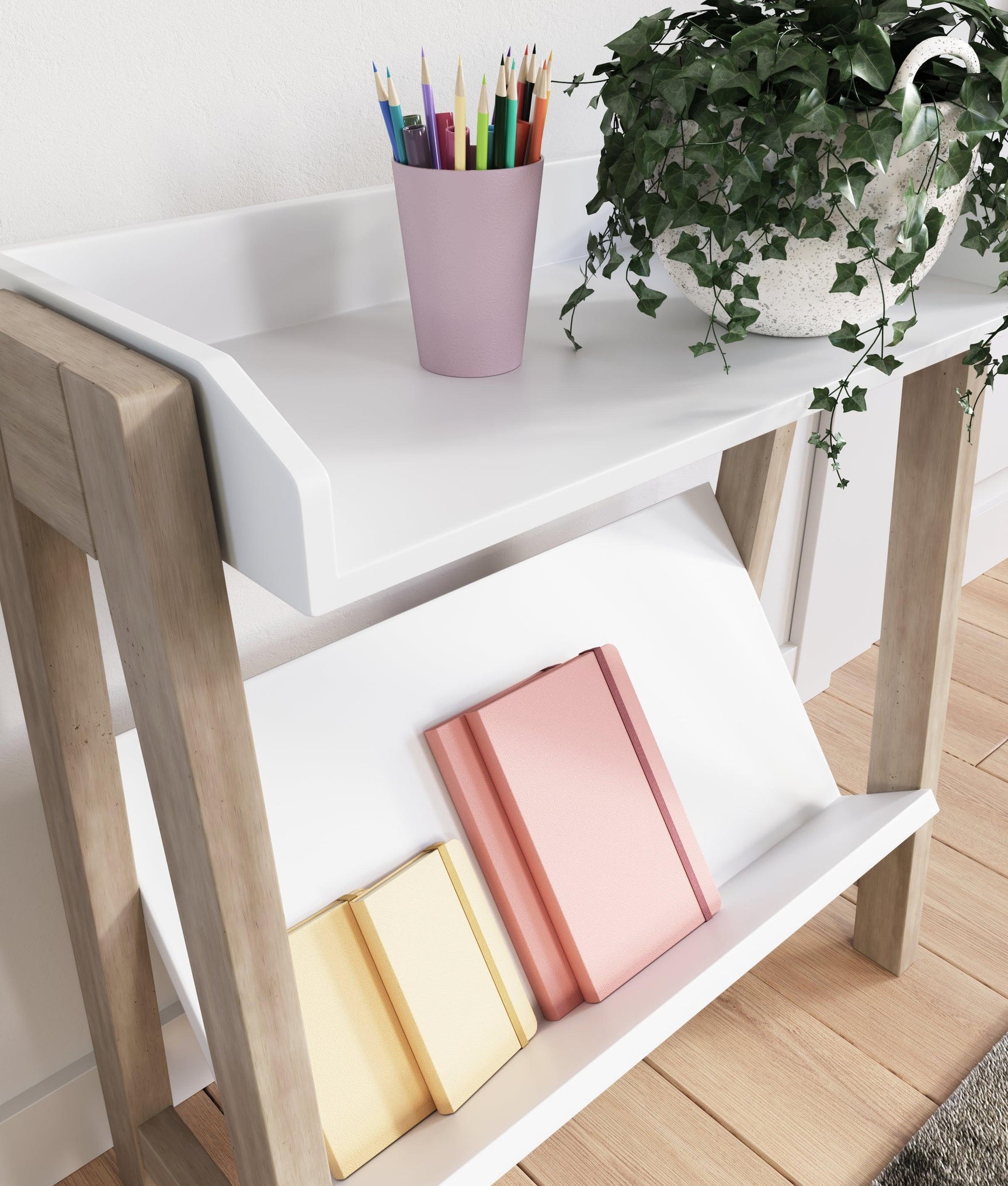 Blariden white and tan small bookcase detailed close-up