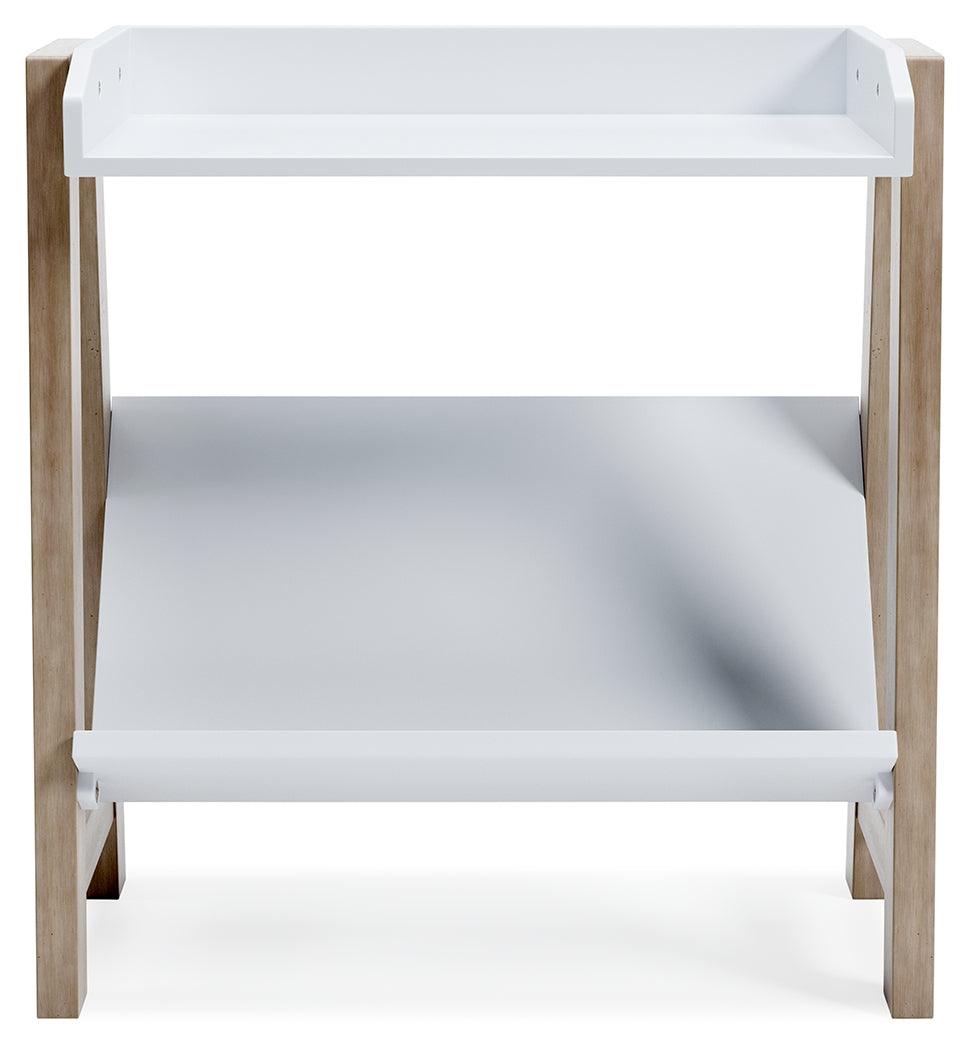 Blariden white and tan small bookcase head-on front