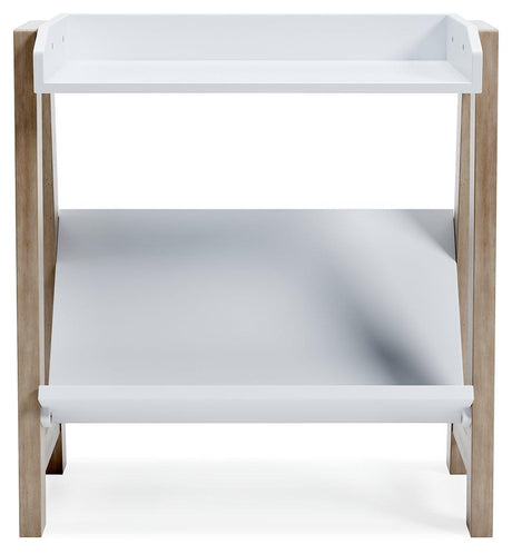 Blariden white and tan small bookcase head-on front
