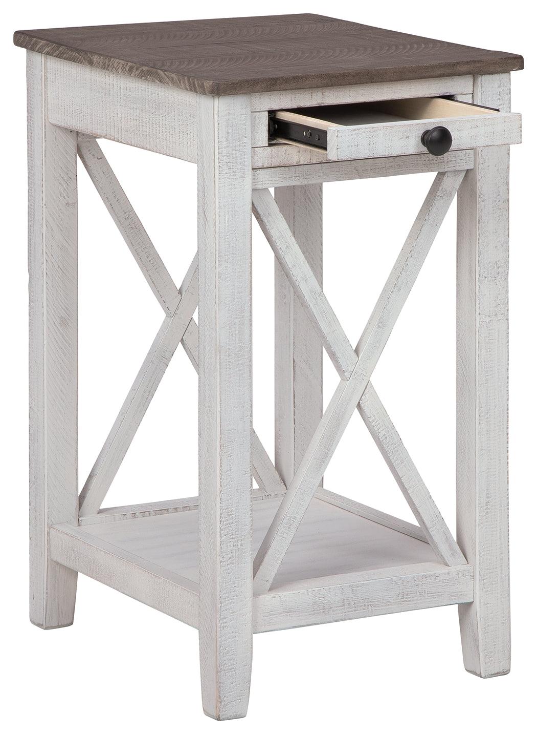 Adalane Accent Table angled open drawer showing storage