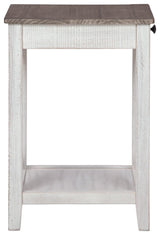 Side view of Adalane Accent Table showing crossbuck supports