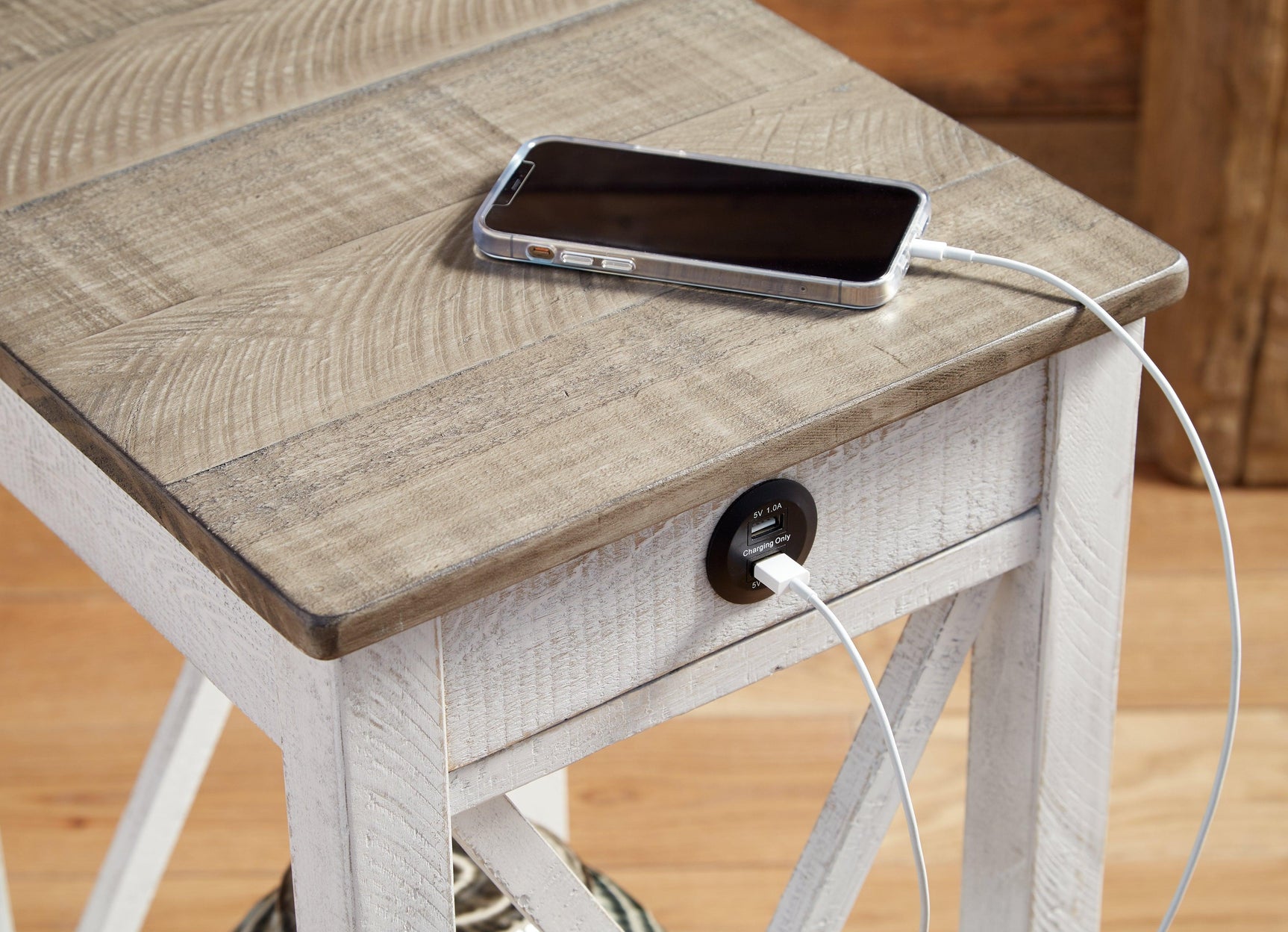 Detail of USB charging ports on Adalane Accent Table