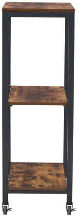 Close-up of Bevinfield bar cart black metal frame and brown shelves