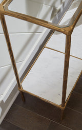 Ryandale Console Sofa Table close-up of antique brass finish and materials