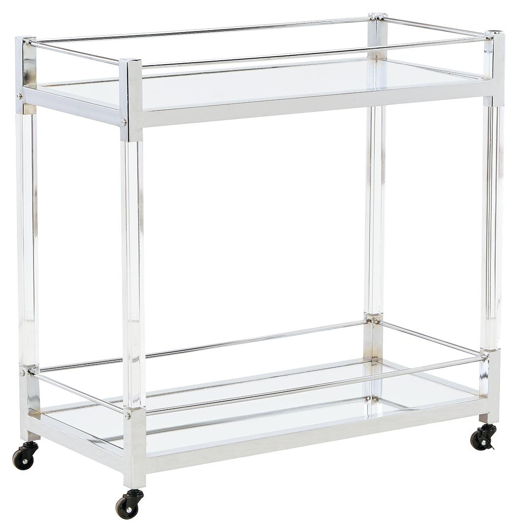 Chaseton bar cart front view with mirrored glass shelves