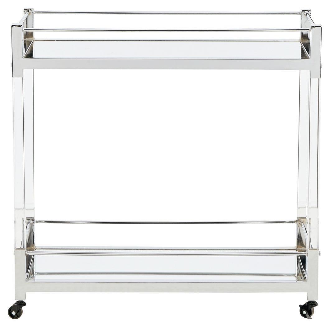 Close-up detail of Chaseton bar cart chrome-tone frame and casters