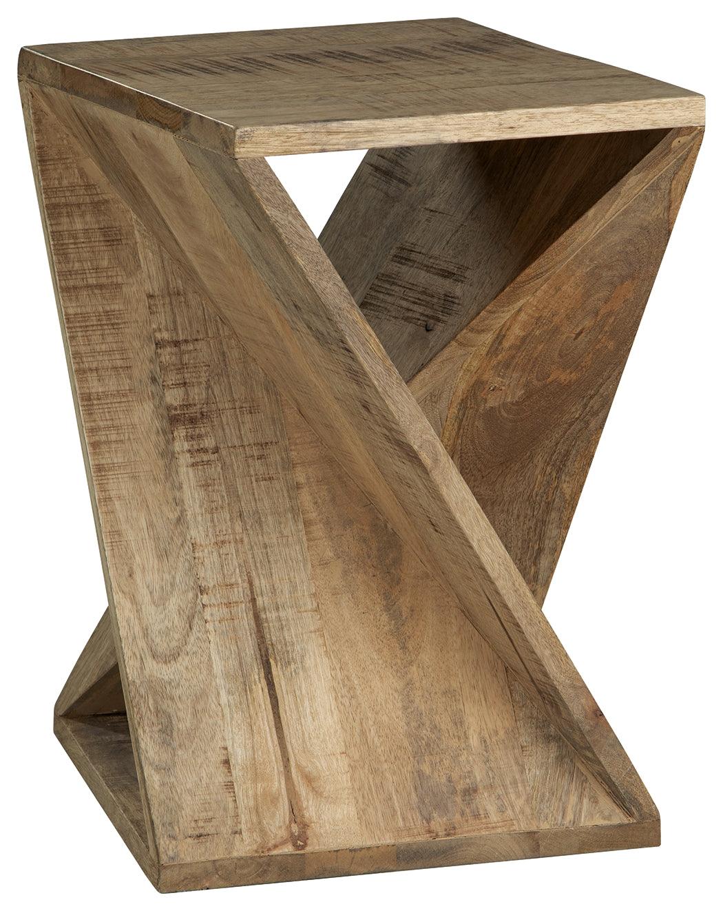 Zalemont Distressed Brown Accent Table angled view showing open architectural design