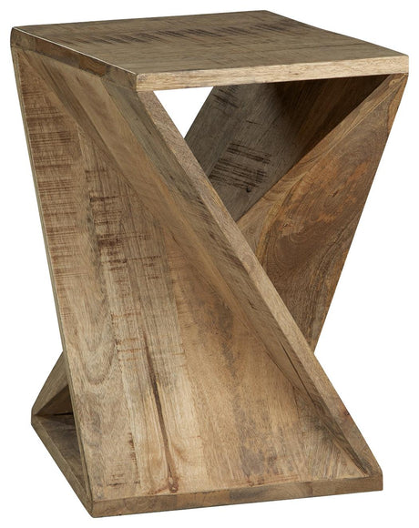 Zalemont Distressed Brown Accent Table angled view showing open architectural design