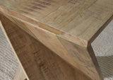 Close-up of Zalemont Distressed Brown Accent Table finish and saw mark plank detail