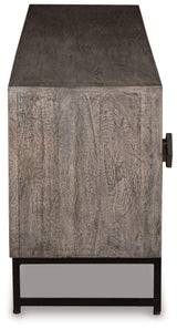 Side view of Treybrook Distressed Gray Accent Cabinet