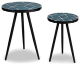 Clairbelle teal accent tables head-on view