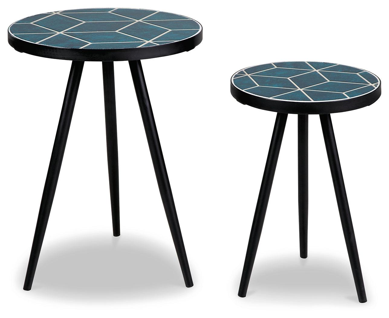 Clairbelle teal accent tables head-on view
