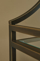 Detail of clear glass shelf on Bernonly 72" antique bronze bookcase