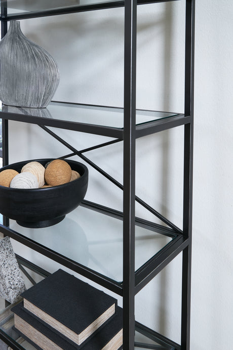 Dakerwell antique black metal frame and glass shelf detail