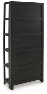 Close-up of Abyard bookcase rattan back and wood finish