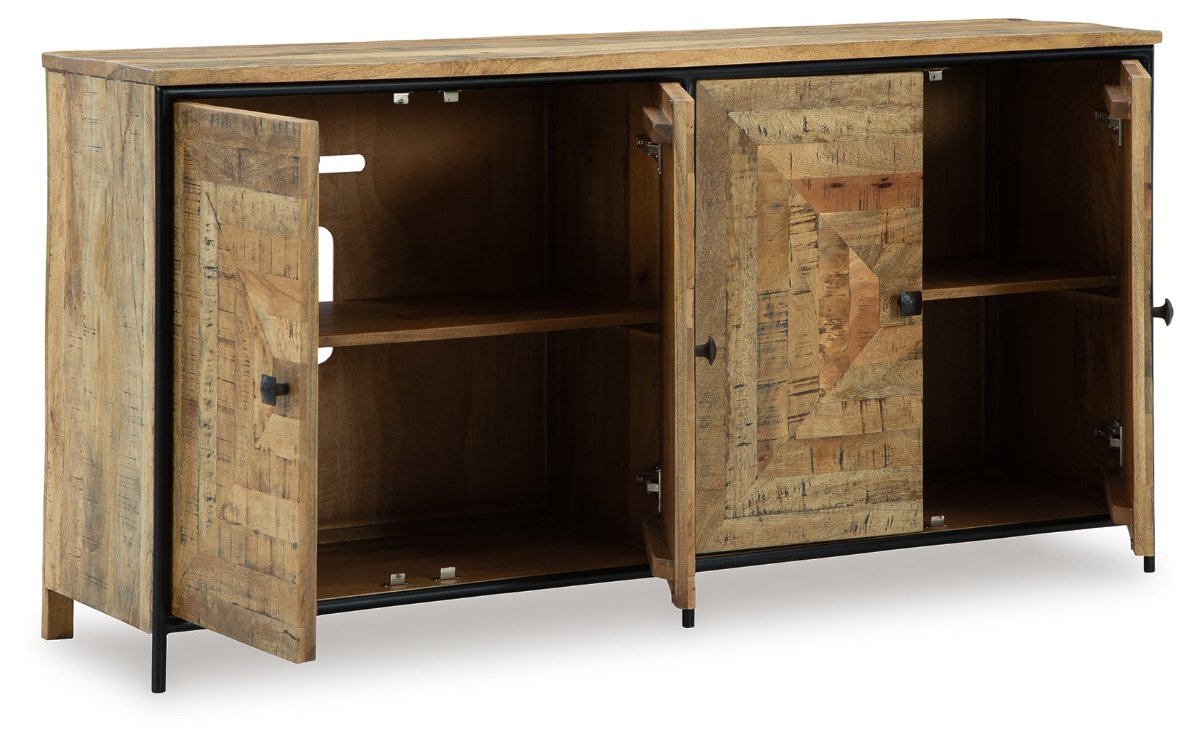 Camney accent cabinet angled open showing shelves
