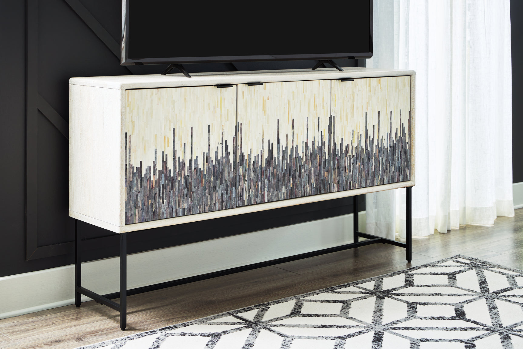 Freyton accent cabinet with electronics setup in back openings