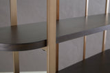 Close-up of Brentmour bookcase dark brown wood shelf finish