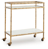 Front view of Plattfield Bar Cart showing glass top shelf