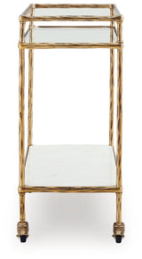 Close-up of Plattfield Bar Cart top glass shelf