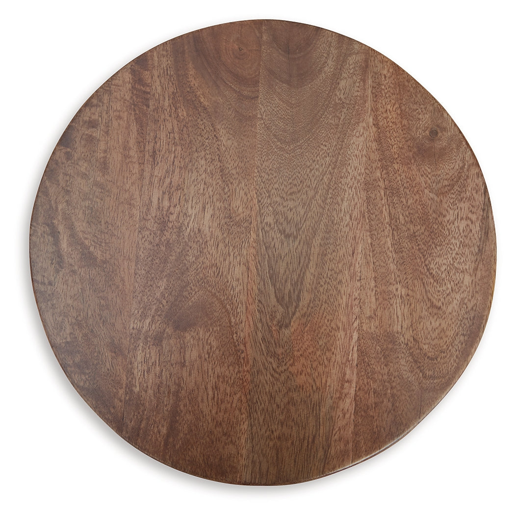 Top view of Joville round accent table showing wood grain
