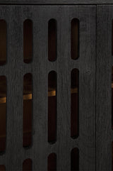 Detail of the black wire-brushed finish on the cabinet exterior