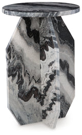 Wrenlane accent table angled view highlighting marble colors