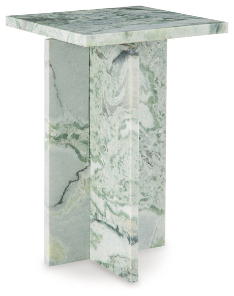 Deaconwell square marble accent table, side view