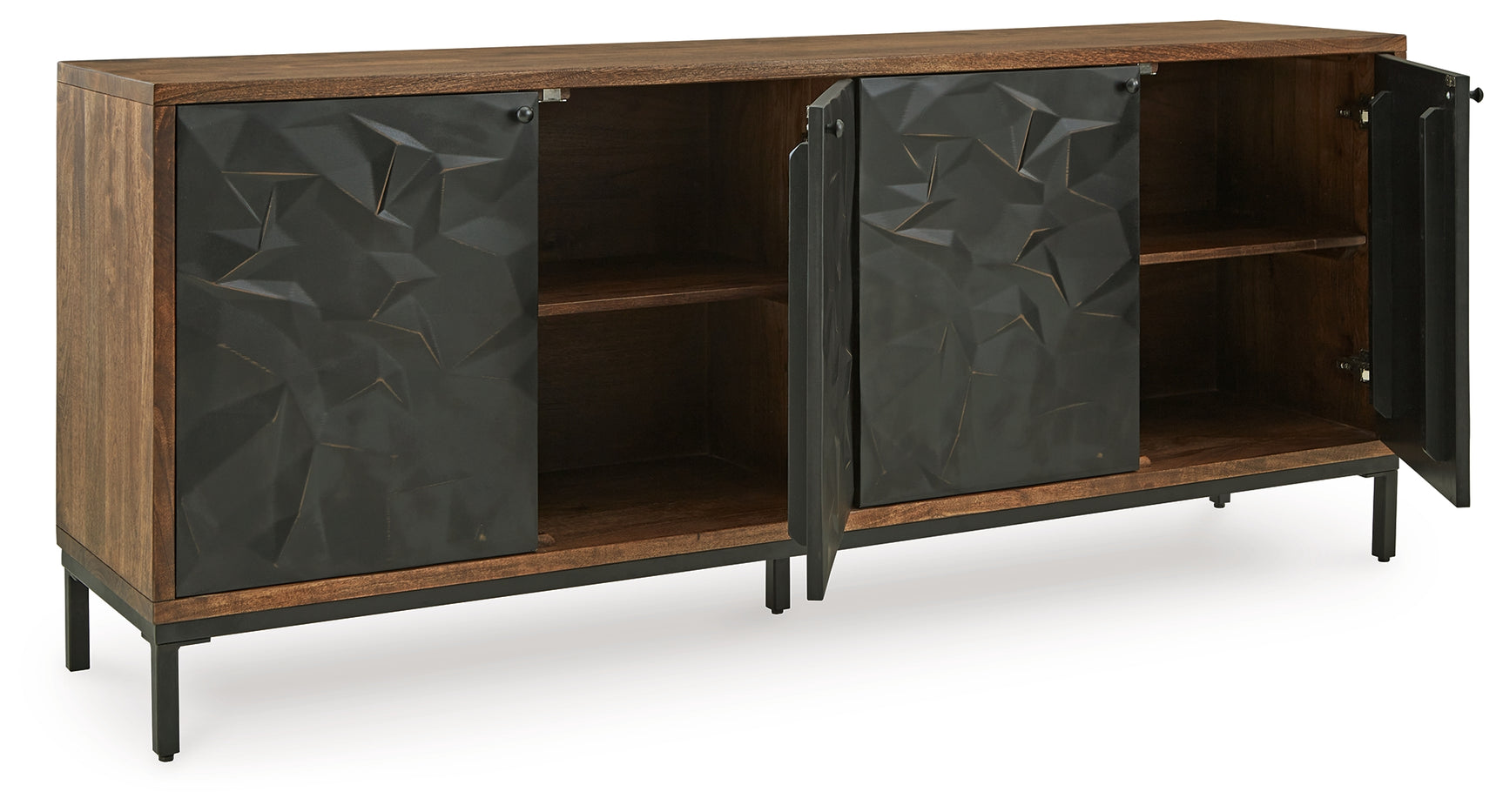 Dorannby Accent Cabinet angled open doors showing shelves