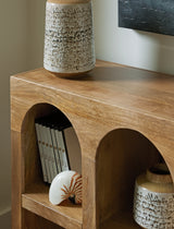Detail of natural brown finish on Luzmanacy console sofa table