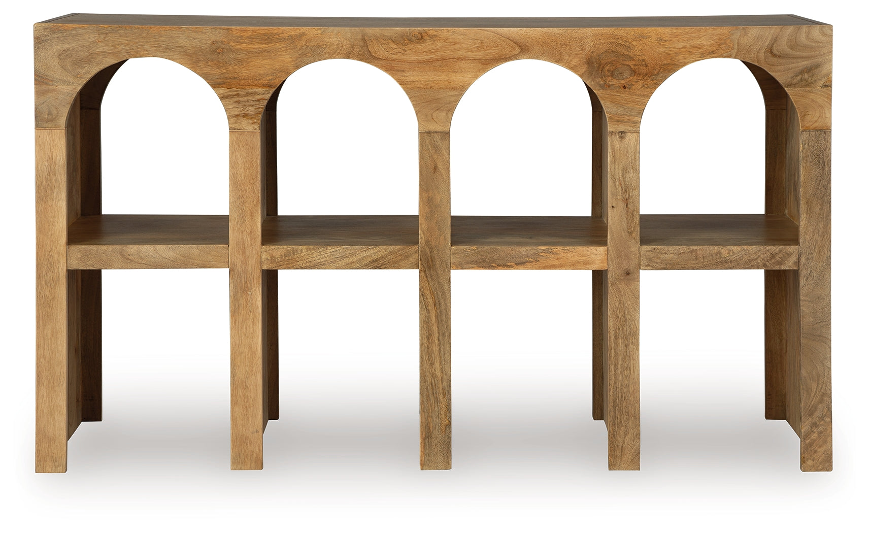 Luzmanacy console sofa table side view showing shelf detail
