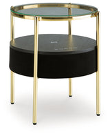 Nedman accent table angled view showing side fabric and gold legs