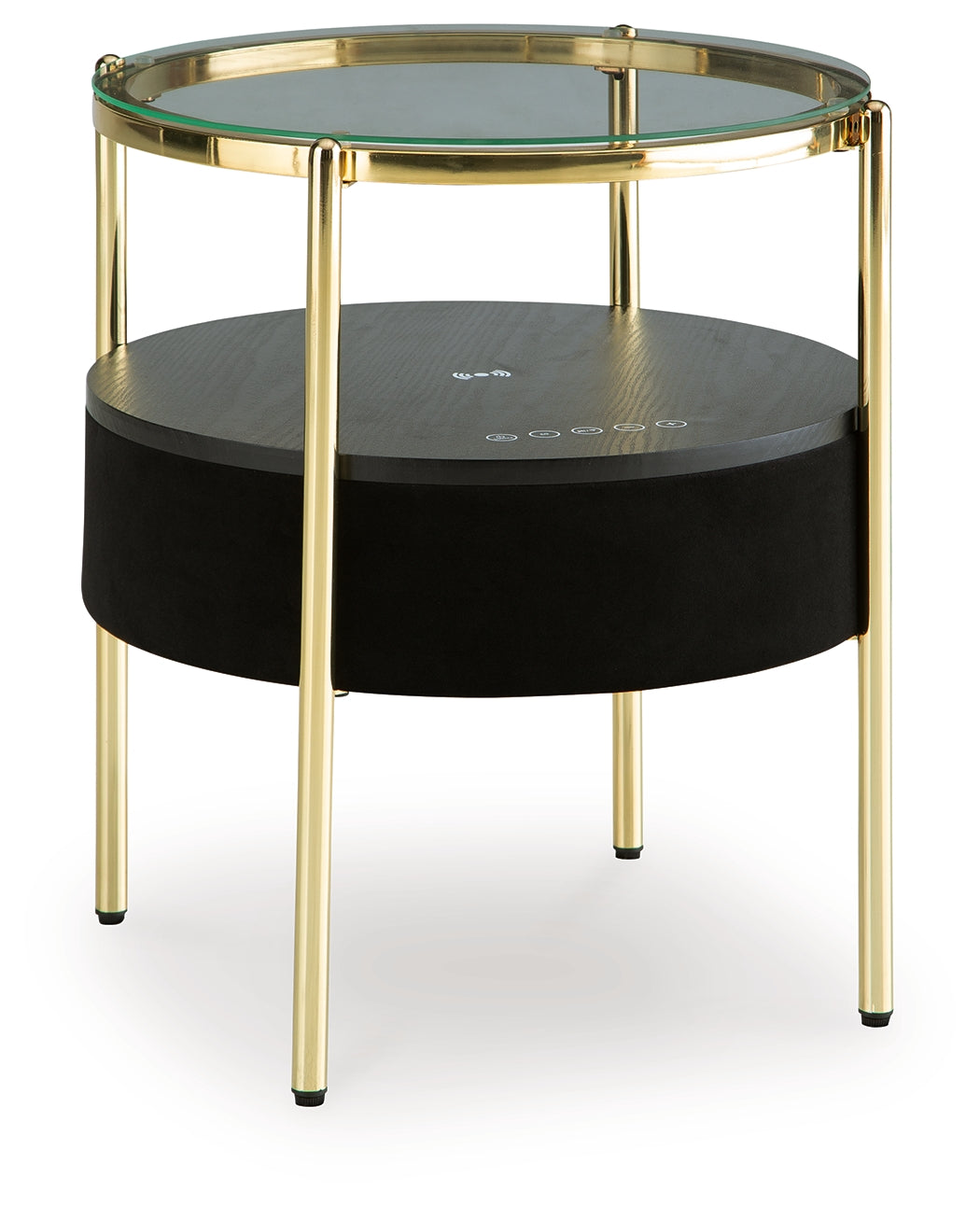 Nedman accent table angled view showing side fabric and gold legs