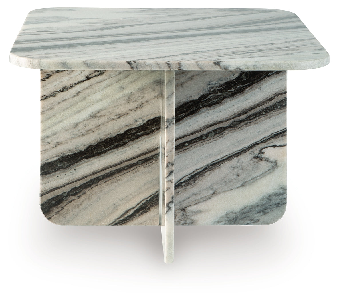 Top view of Baretton square marble accent coffee table showing natural veining