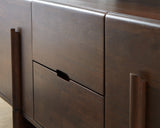 Detail of Kydler Accent Cabinet wood finish and pulls