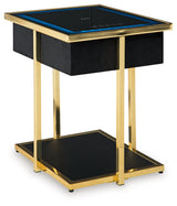 Side angle of Rexwell black and gold finish accent table with fabric sides