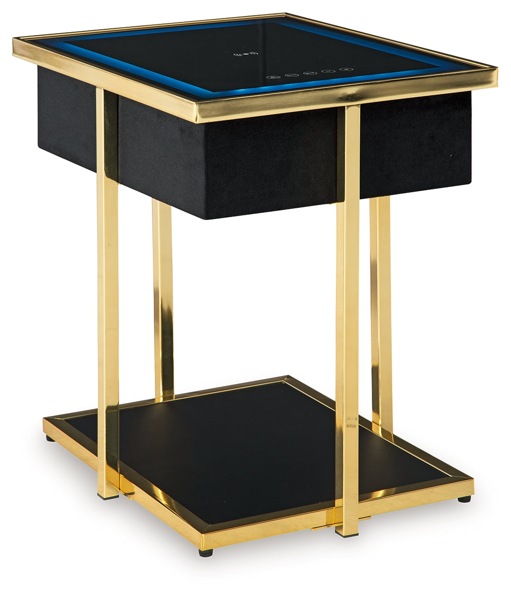 Side angle of Rexwell black and gold finish accent table with fabric sides