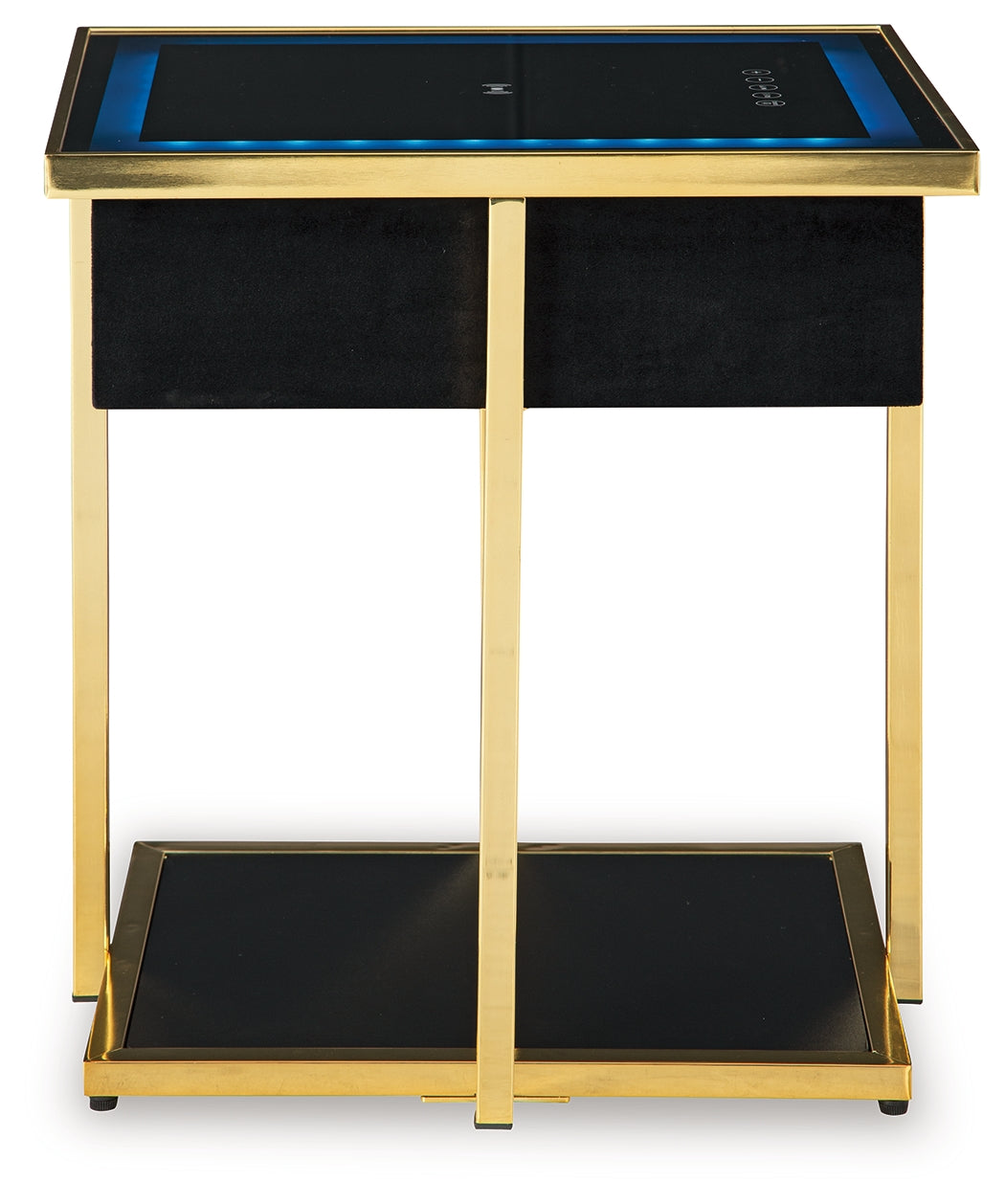 Side profile showing fixed lower shelf and metal frame