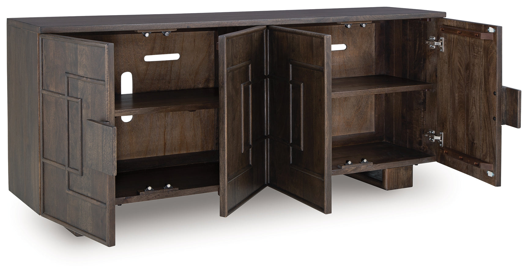 Cato Accent Cabinet angled view with doors open showing shelves
