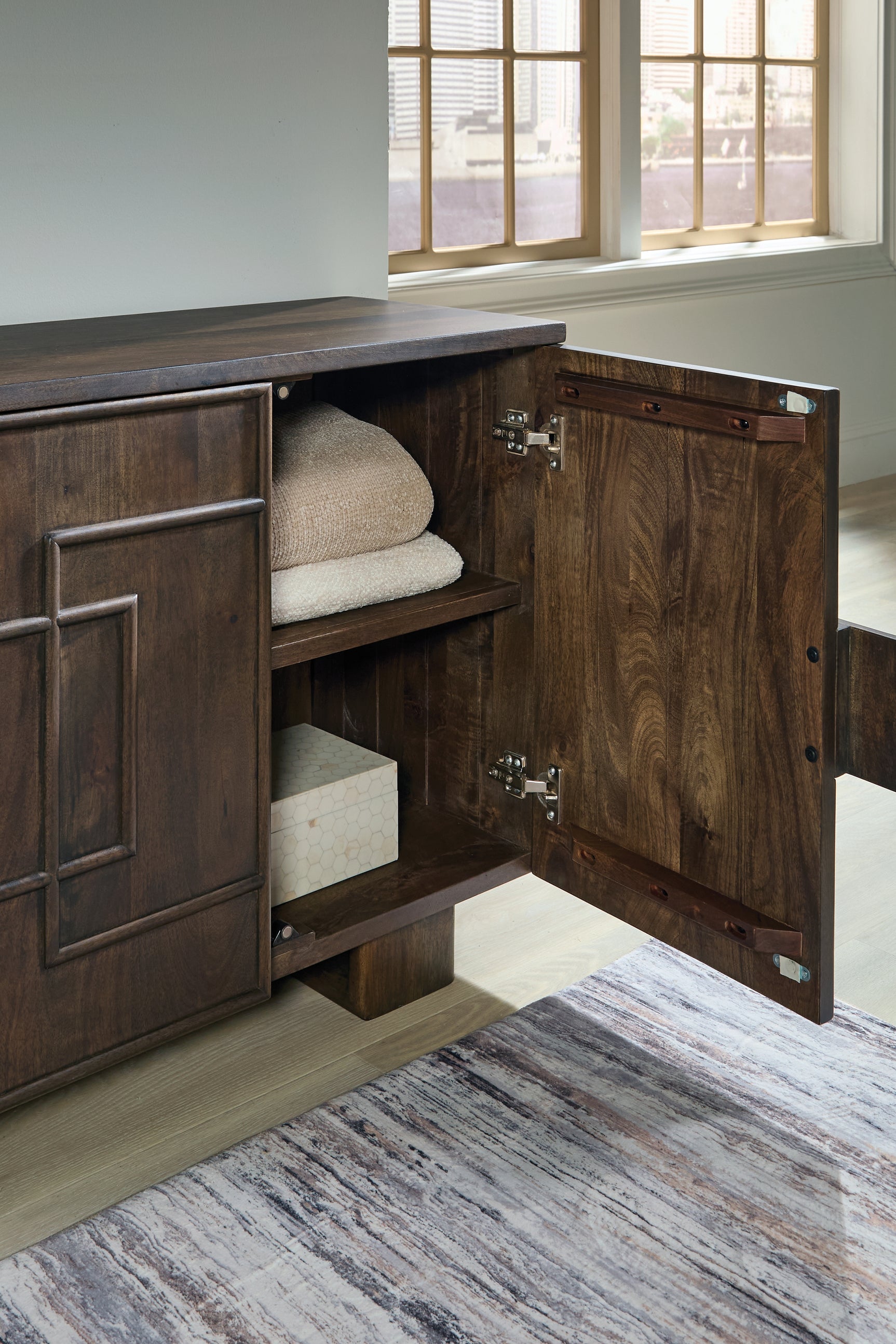 Storage detail inside Cato Accent Cabinet