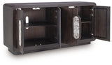 Elliston Accent Cabinet angled view with doors open revealing shelves