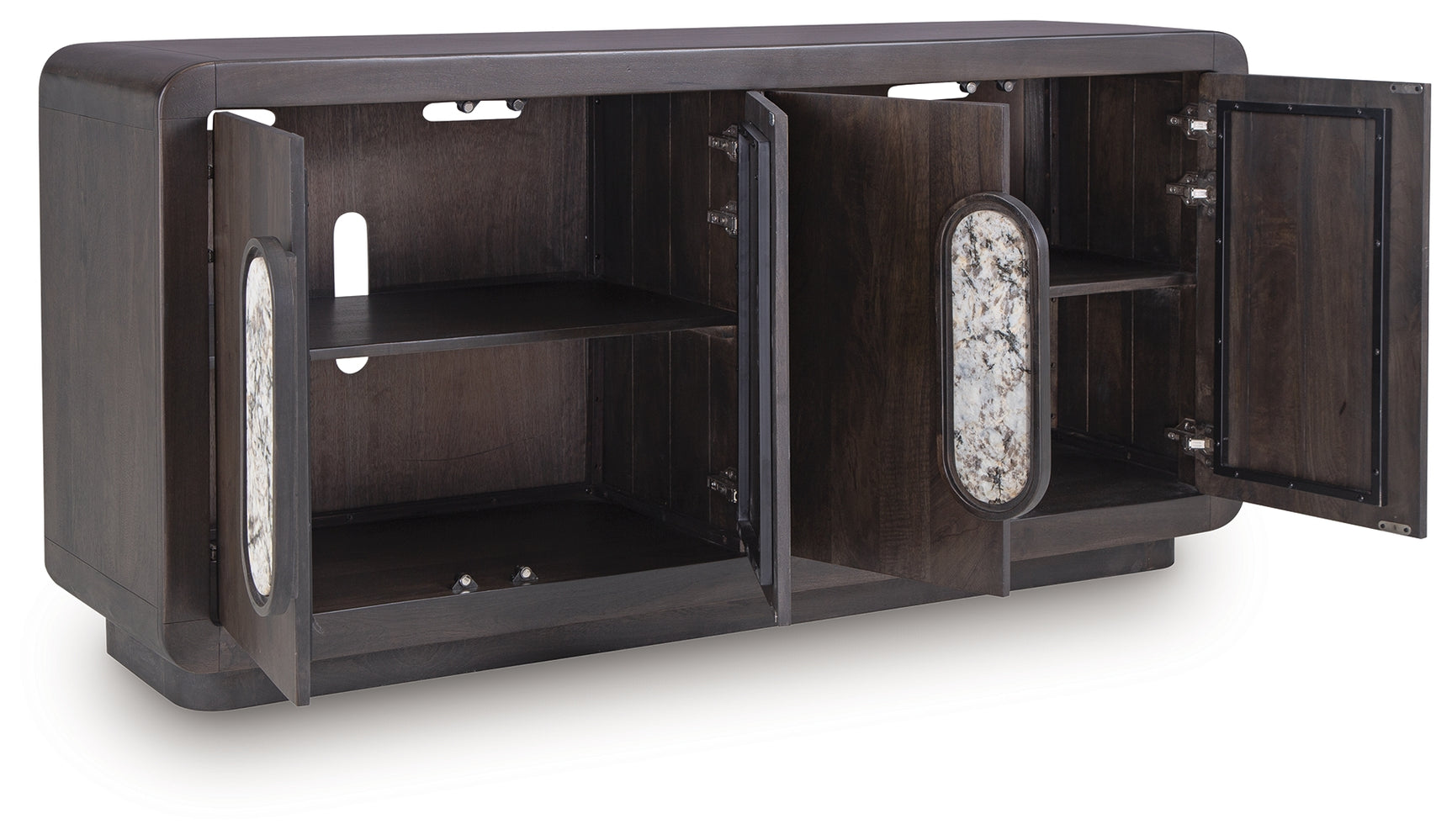 Elliston Accent Cabinet angled view with doors open revealing shelves