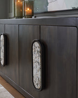 Close-up of marble door handle on Elliston Accent Cabinet